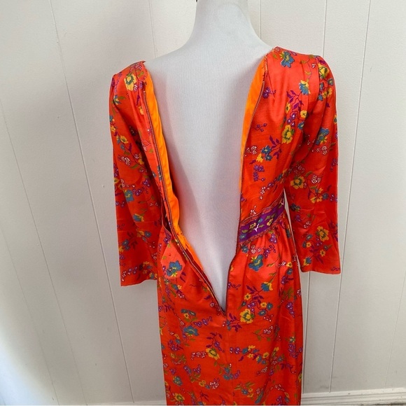 Size XS Orange Purple Vibrant Maxi Dress VTG 60s 70s Gogo Mod Boho Hippie Floral - Picture 11 of 16